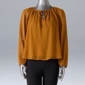 Simply Vera Burnt Orange Tie Neck Balloon Sleeve Shirred Blouse, Size Medium